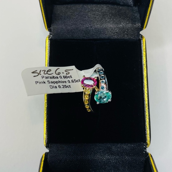 Paraiba and Pink Sapphire Ring with Blue and Yellow Diamonds Size 6.5 - Picture 6 of 6